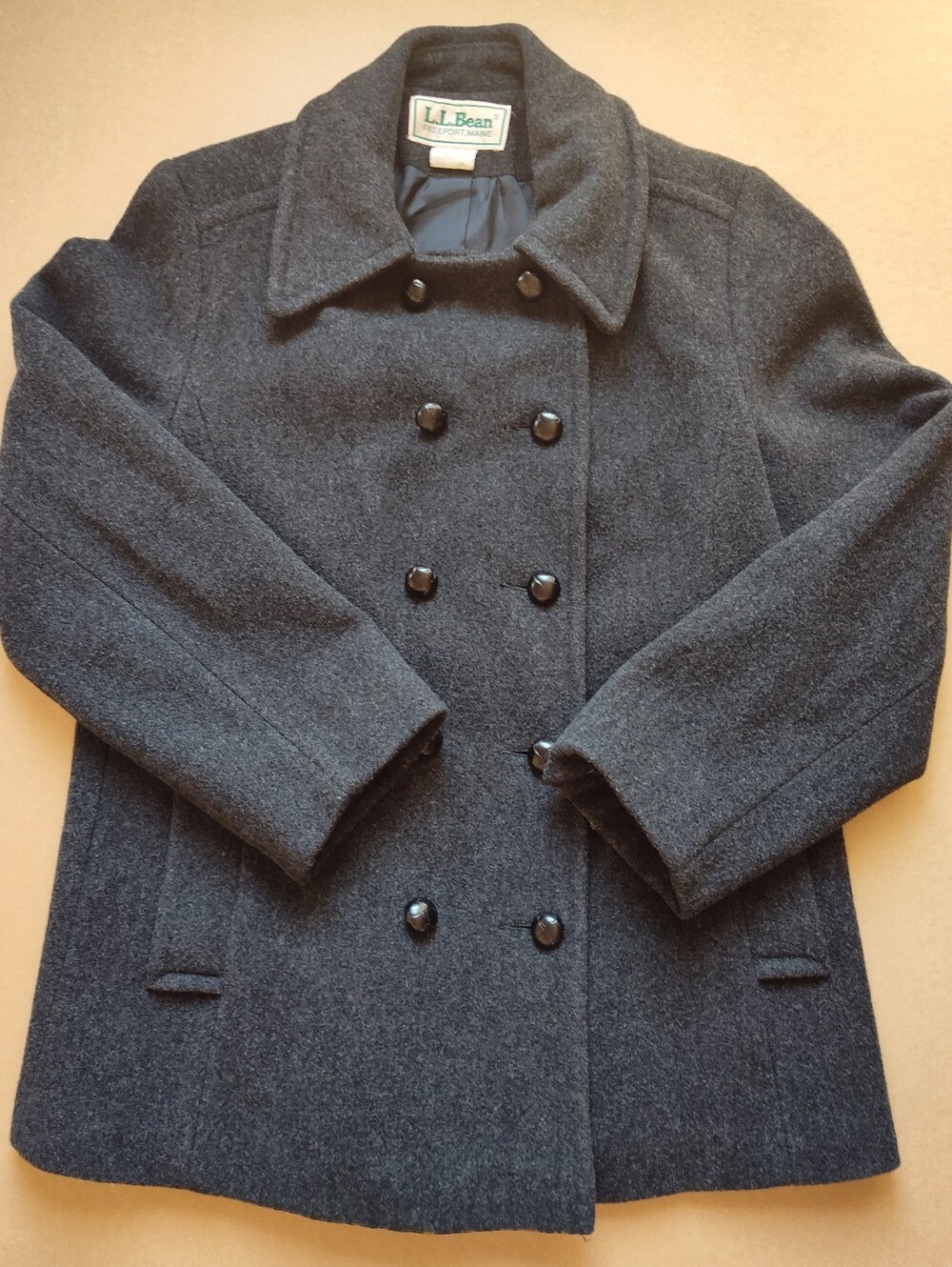 Vtg LL Bean Womens Peacoat Double Breasted 100% Wool Size 12 Dark Gray USA